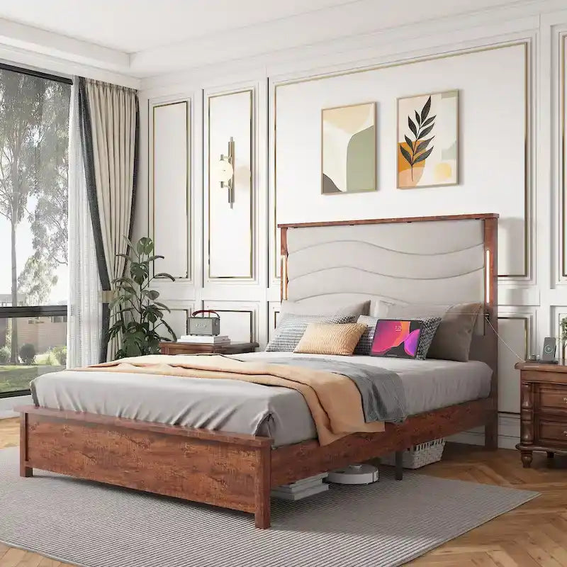 King Bed Frame with Upholstered Headboard, Charging Station & LED Lights
