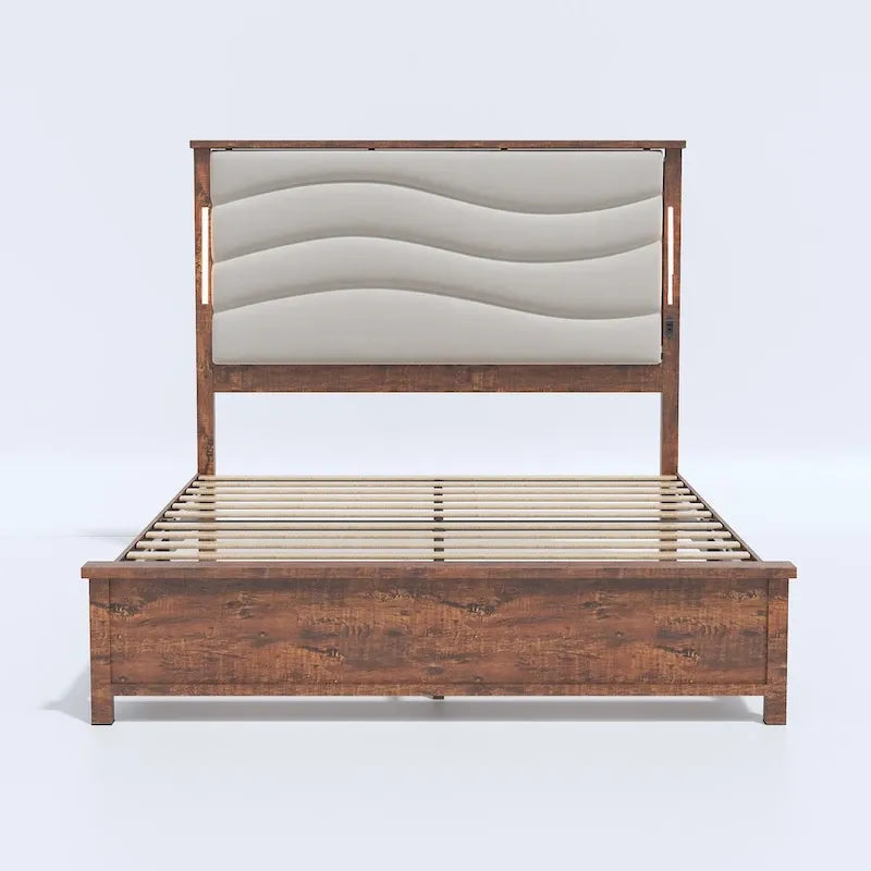 King Bed Frame with Upholstered Headboard, Charging Station & LED Lights
