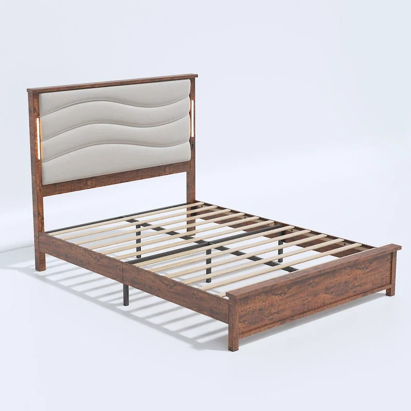King Bed Frame with Upholstered Headboard, Charging Station & LED Lights