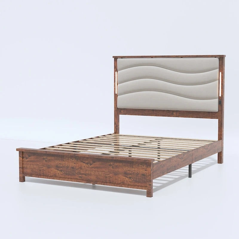 King Bed Frame with Upholstered Headboard, Charging Station & LED Lights