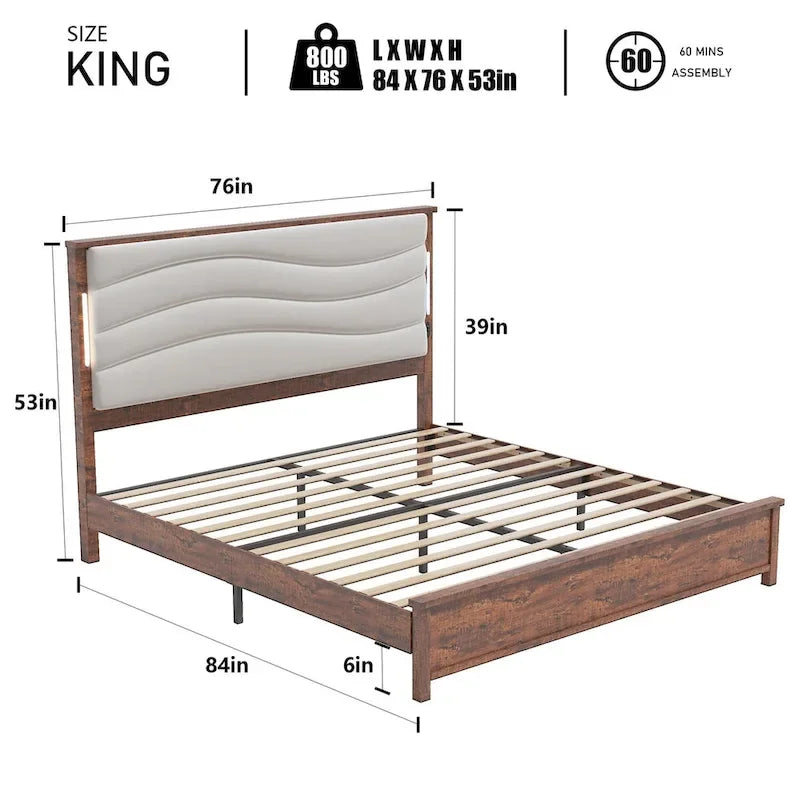 King Bed Frame with Upholstered Headboard, Charging Station & LED Lights