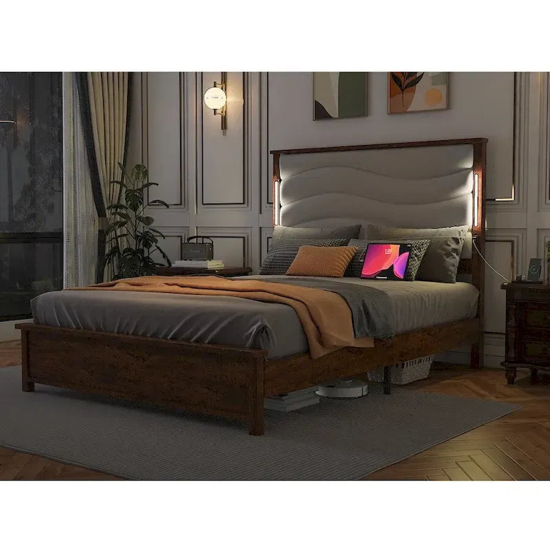King Bed Frame with Upholstered Headboard, Charging Station & LED Lights