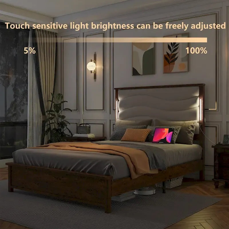 King Bed Frame with Upholstered Headboard, Charging Station & LED Lights