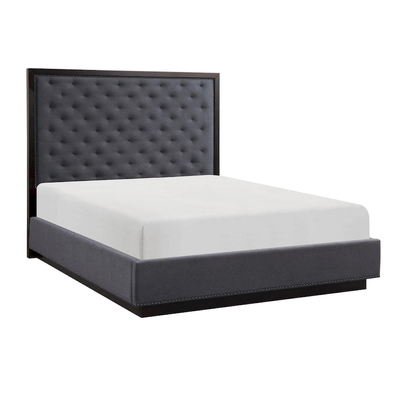 Queen Size Bed with Button Tufted Headboard, Gray Fabric, Ash Veneer