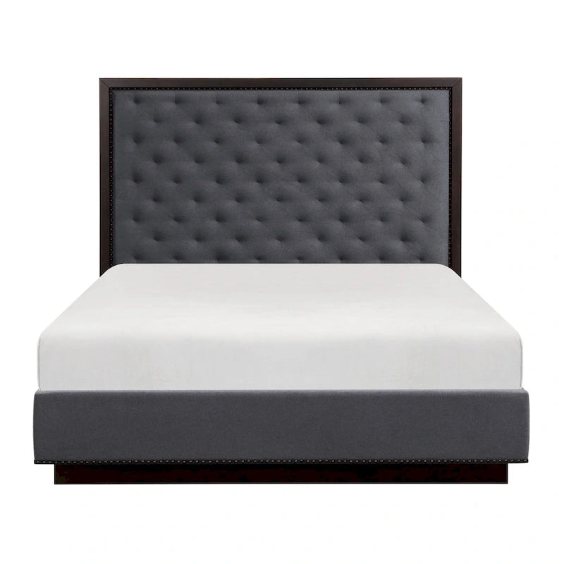 Queen Size Bed with Button Tufted Headboard, Gray Fabric, Ash Veneer