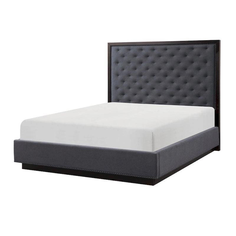 Queen Size Bed with Button Tufted Headboard, Gray Fabric, Ash Veneer