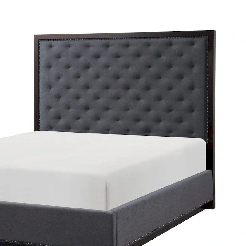 Queen Size Bed with Button Tufted Headboard, Gray Fabric, Ash Veneer