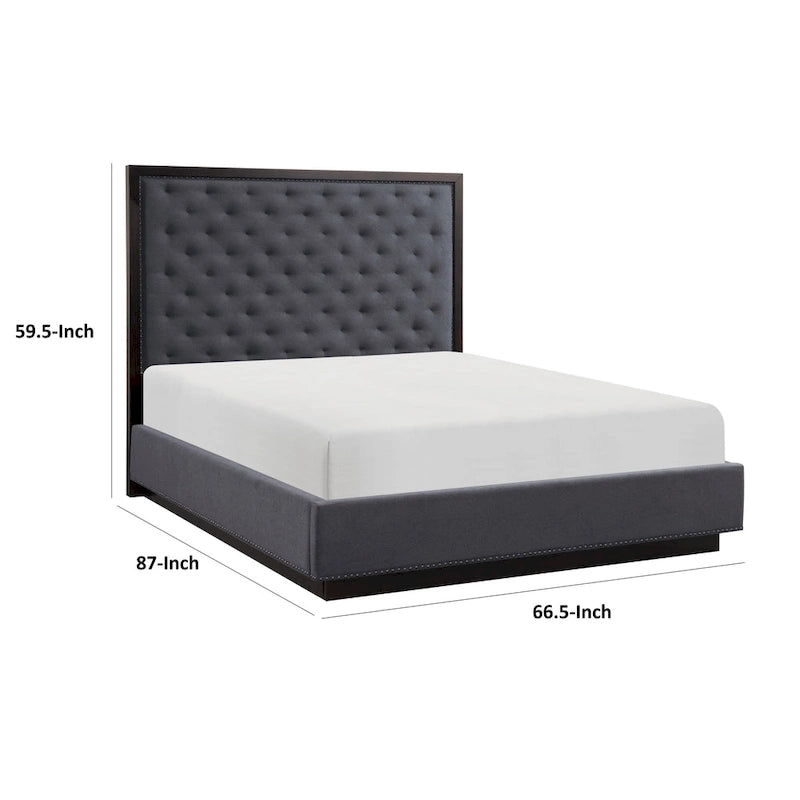 Queen Size Bed with Button Tufted Headboard, Gray Fabric, Ash Veneer