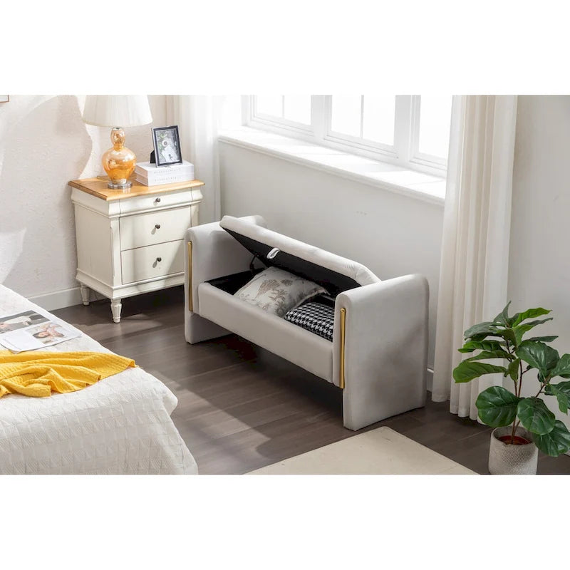 Velvet Storage Bench with Gold Metal Trim – Bedroom & Living Room