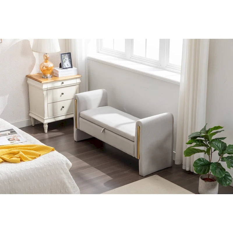 Velvet Storage Bench with Gold Metal Trim – Bedroom & Living Room