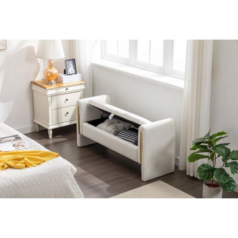 Velvet Storage Bench with Gold Metal Trim – Bedroom & Living Room