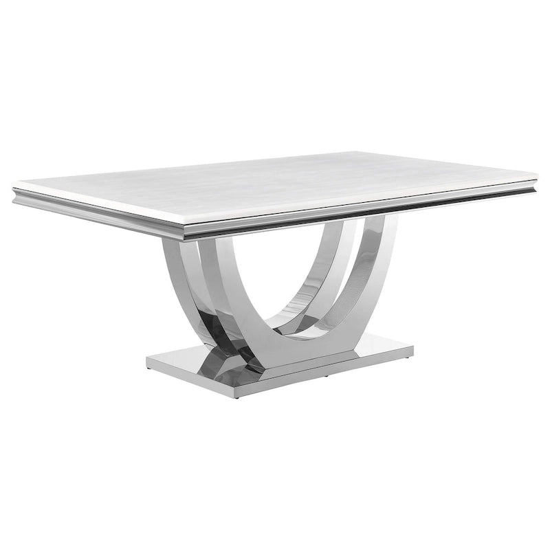 71" Rectangular Dining Table – White Faux Marble Top & Chrome Pedestal Base
