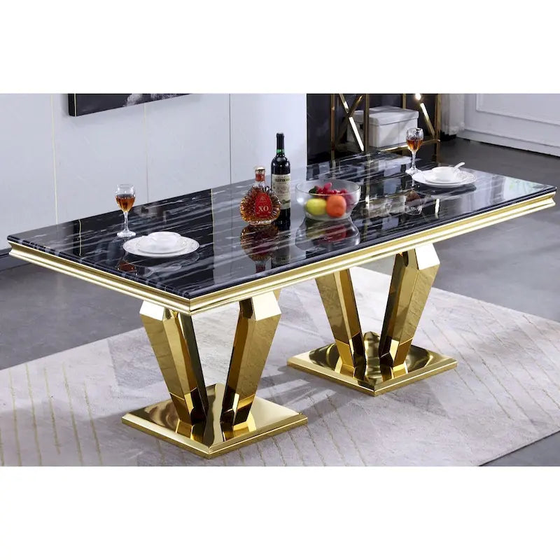 78 inch Rectangular Dining Room Table with Double Geometric Pedestal
