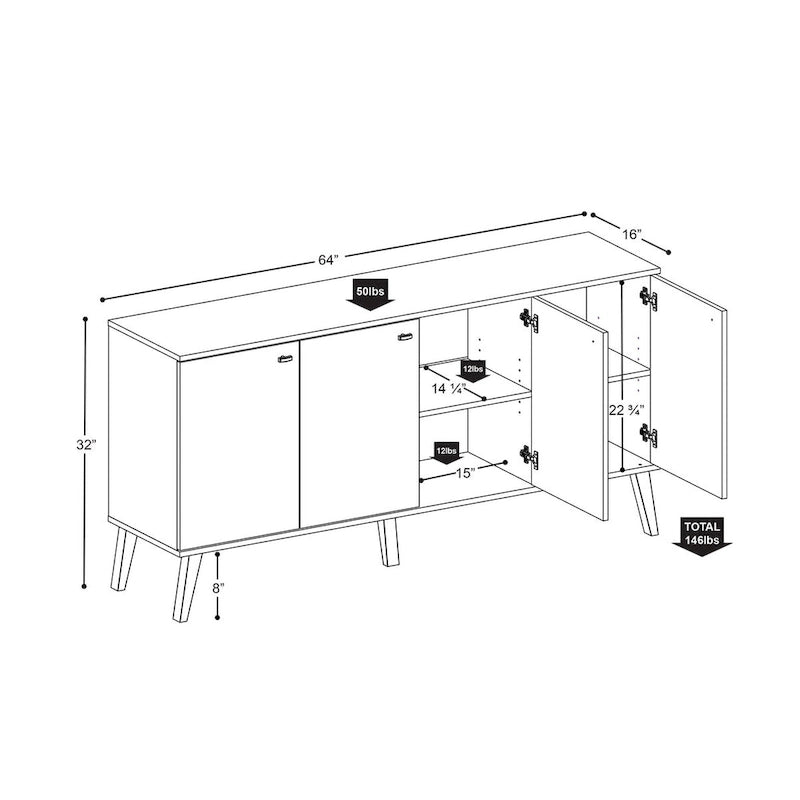 Mid-Century Modern 4-Door Buffet - 64 W x 32 H x 16 D