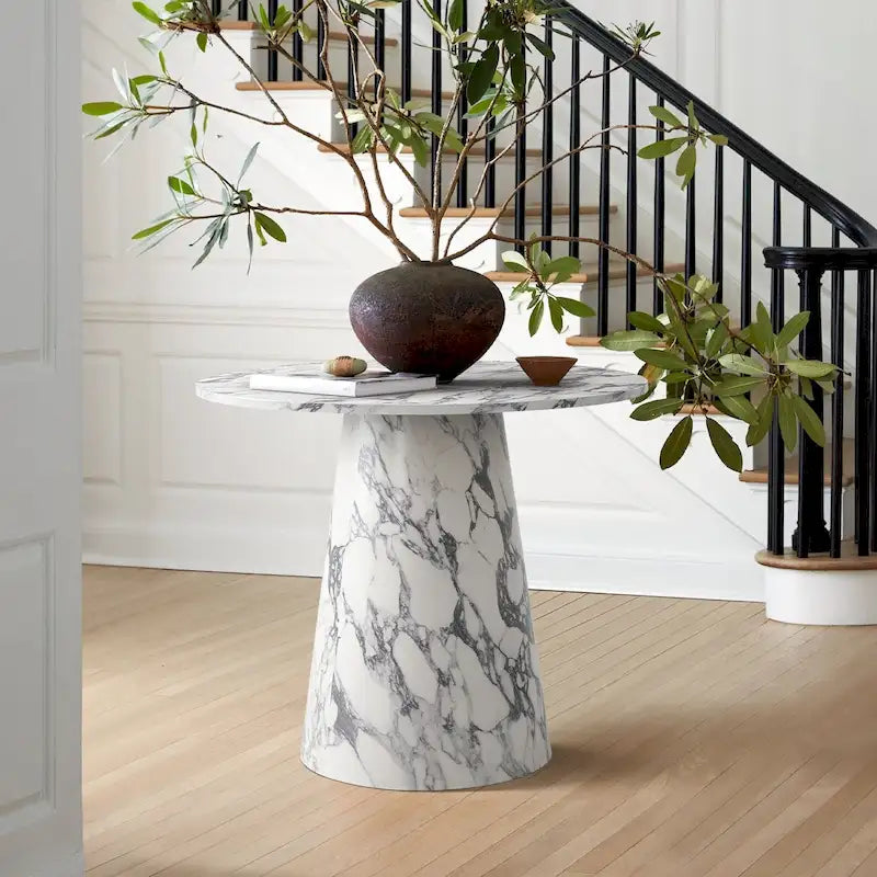 35" Round Faux Marble Pedestal Dining Table