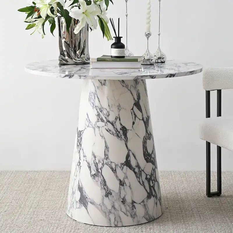 35" Round Faux Marble Pedestal Dining Table